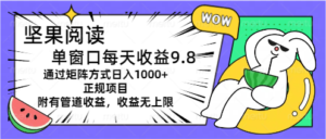 （11377期）坚果阅读单窗口每天收益9.8通过矩阵方式日入1000+正规项目附有管道收益…-网创资源