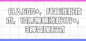 日入600 ，抖音涨粉技术性，10条短视频增粉1万 ，3种变现模式【揭密】-网创资源