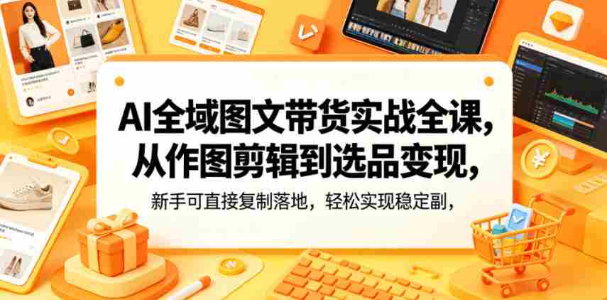AI全域图文带货实战全课，从作图剪辑到选品变现，新手可直接复制落地，轻松实现稳定副业增收