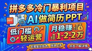 （17838期）拼多多冷门暴利项目：AI 做简历 PPT，低门槛轻运营，月稳赚 1-2 万-网创资源