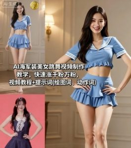 AI海军装美女跳舞视频制作教学，快速涨千粉万粉，视频教程+提示词(绘图词、动作词)-网创资源