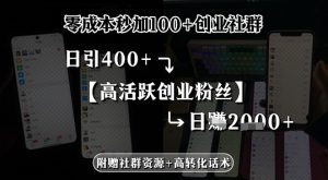 零成本秒加100+创业社群，日引400+高活跃创业粉丝，日入多张-网创资源