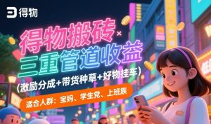 得物搬砖三重管道收益(激励分成+带货种草+好物挂车)，低门槛，高回报-网创资源