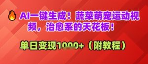 AI一键生成！蔬菜萌宠运动视频，治愈系的天花板！单日变现多张-网创资源