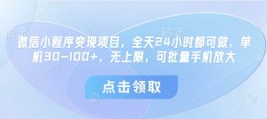 微信小程序变现项目，全天24小时都可做，单机30-100+，无上限，可批量手机放大-网创资源