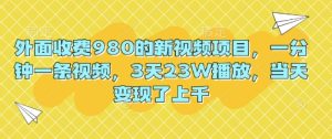 外面收费980的新视频项目，一分钟一条视频，3天23W播放，当天变现了上千-网创资源