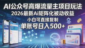 AI公众号高爆流量主项目玩法，2026最新Ai矩阵化被动收益，小白可直接复制，单账号日入500+-网创资源