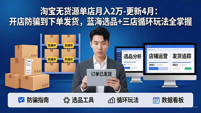 淘宝无货源5.0单店月入2万-更新4月：开店防骗到下单发货，蓝海选品+三店循环玩法全掌握-网创资源