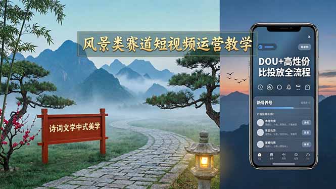 风景类赛道短视频运营教学：诗词文学中式美学，新号养号对标账号定位，DOU+高性价比投放全流程-网创资源