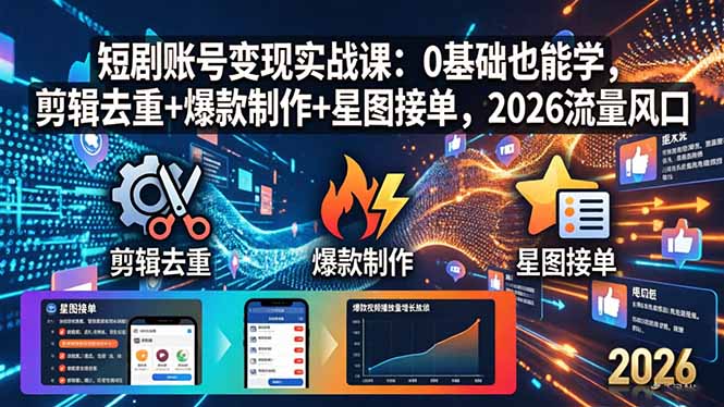 短剧账号变现实战课：0基础也能学，剪辑去重+爆款制作+星图接单，2026流量风口-网创资源