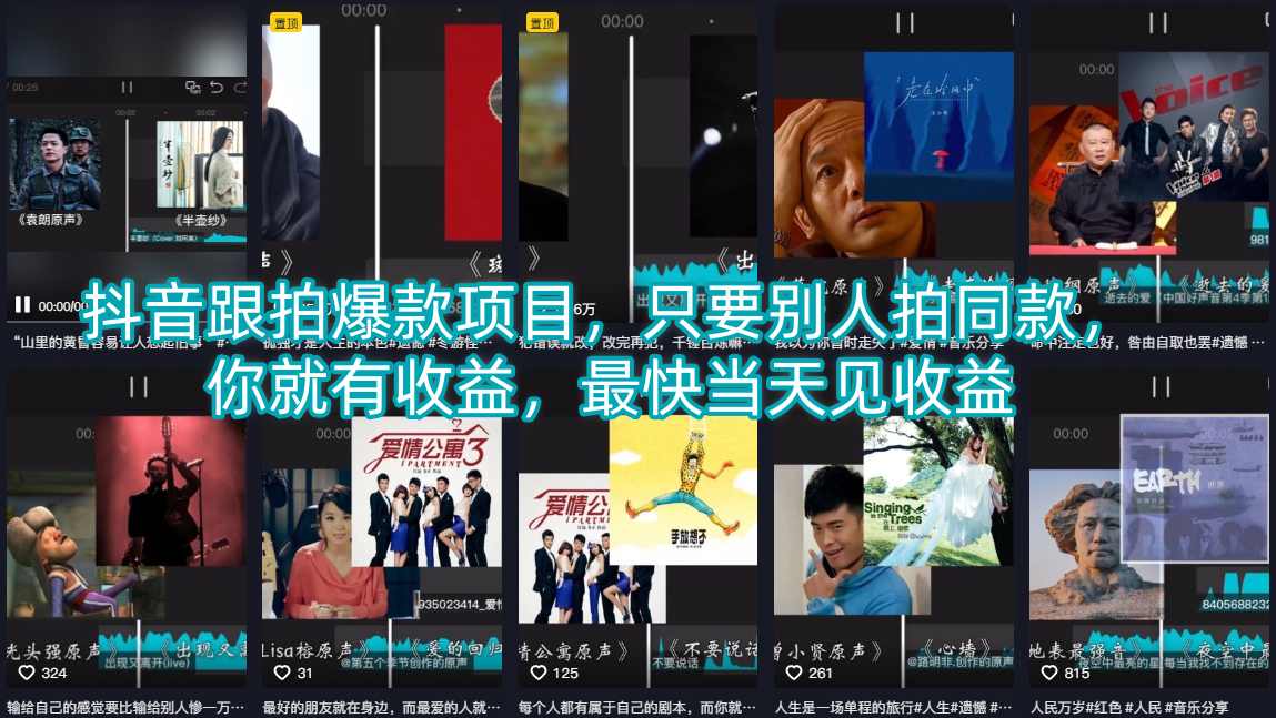 抖音跟拍爆款项目，只要别人拍同款，你就有收益，最快当天见收益-网创资源