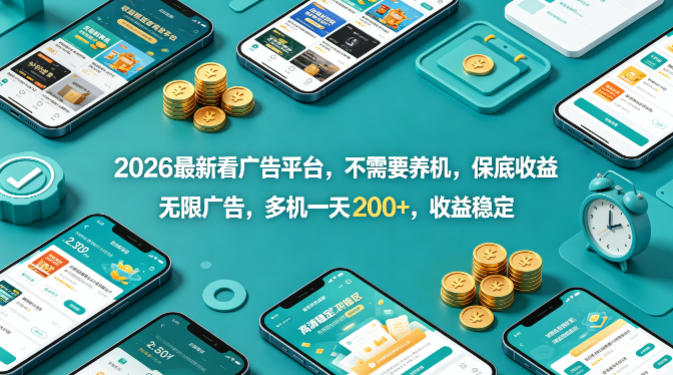 2026最新看广告平台，不需要养机，保底收益，无限广告，多机一天200+，收益稳定【揭秘】-网创资源