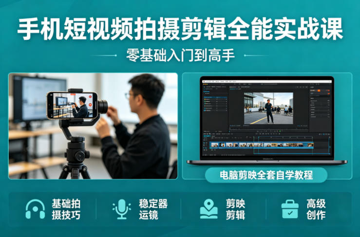 手机短视频拍摄剪辑全能实战课：零基础入门到高手，稳定器运镜+电脑剪映全套自学教程-网创资源