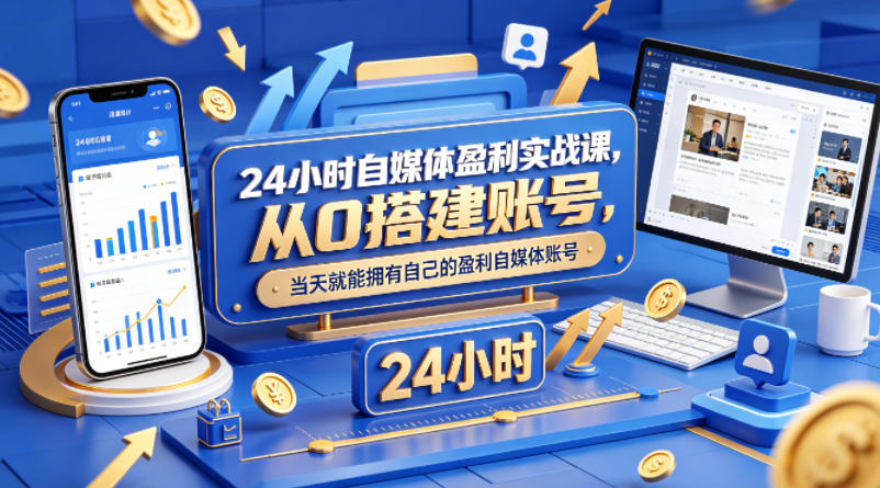 24小时自媒体盈利实战课，从0搭建账号，当天就能拥有自己的盈利自媒体账号-网创资源