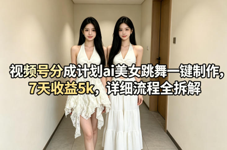 视频号分成计划ai美女跳舞一键制作，7天收益5k，详细流程全拆解-网创资源