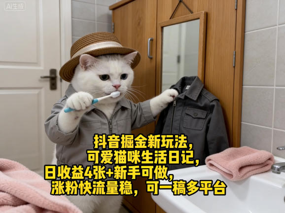 抖音掘金新玩法，可爱猫咪生活日记，日收益4张+新手可做，涨粉快流量稳，可一稿多平台-网创资源