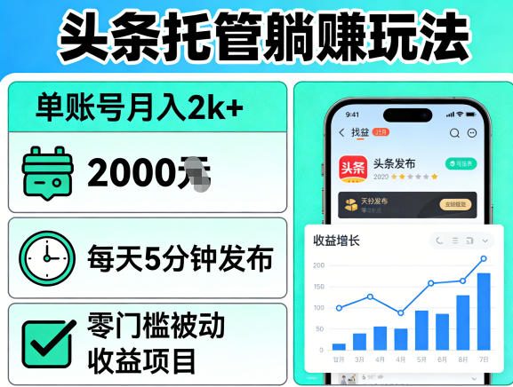 头条托管躺賺玩法，单账号月入2k+，每天5分钟发布即可，零门槛被动收益项目【揭秘】-网创资源