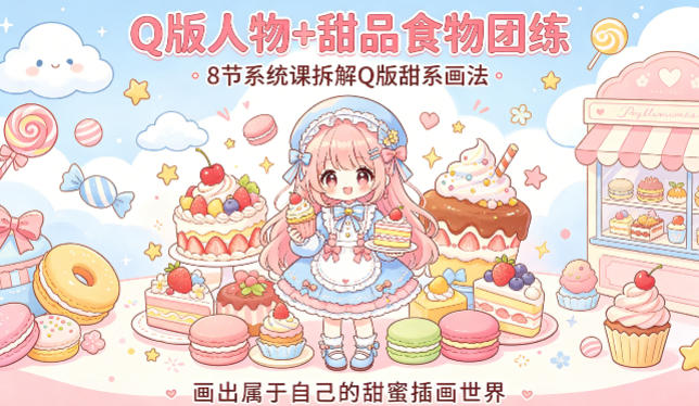 Q版人物+甜品食物团练，8节系统课拆解Q版甜系画法，画出属于自己的甜蜜插画世界-网创资源