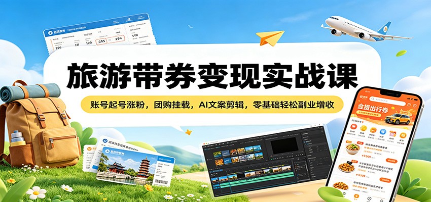 旅游带券变现实战课：账号起号涨粉，团购挂载，AI文案剪辑，零基础轻松副业增收-网创资源