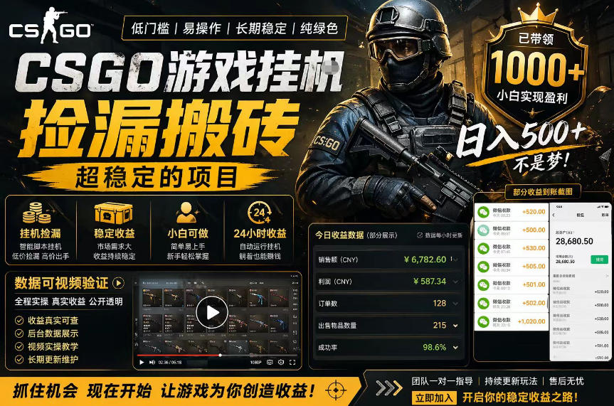 CSGO游戏搬砖，全自动挂G，不需要玩游戏，手机操作日入300+，解放双手【揭秘】-网创资源